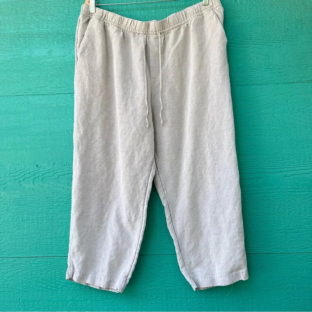 LINEN BLEND LIGHT TAUPE DRAWSTRING PULL ON CROPPED LOOSE FIT PANTS SIZE XL
